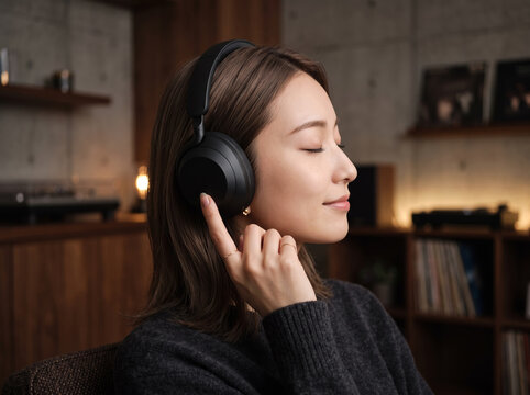 高音質ワイヤレスヘッドホンで静かに聴き入る女性
