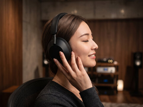 上質なオーディオルームで音楽を深く堪能する女性