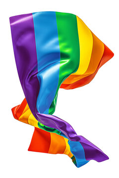 A colorful silk lgbt pride flag falls against a white background
