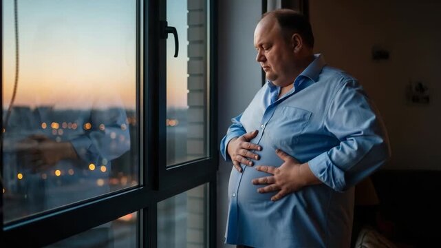 Overweight Man Holding Abdomen Near Window Reflecting on Weight Gain Healthy Lifestyle Obesity Awareness Wellness Healthcare Body Fat Realistic Animation