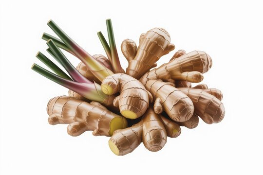 Dried ginger root with fresh green stalks