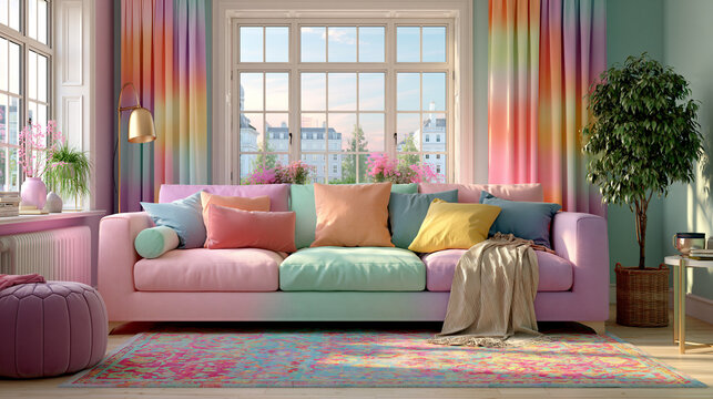 bright pastel living room with cozy sofa, modern pastel living area with colorful sofa, airy pastel interior with stylish couch