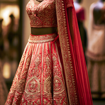 A grand red Indian bridal lehenga choli with elaborate gold embroidery, complete with a full skirt, fitted blouse, and sheer dupatta, showcased on a mannequin.