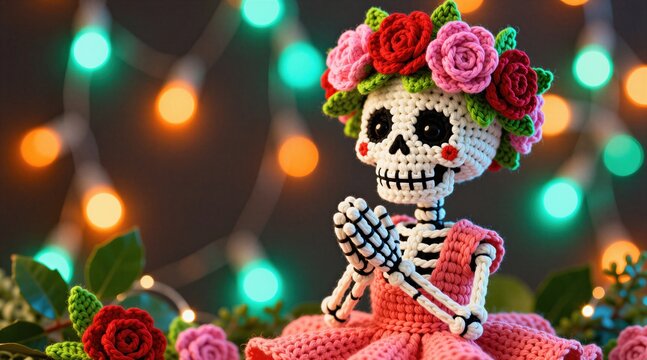 Crochet skeleton wears flower crown, colorful dress. Doll hands in prayer position. Vibrant yarn figure sits against blurred festive glowing lights. Knitted skull art celebrates Day of Dead holiday