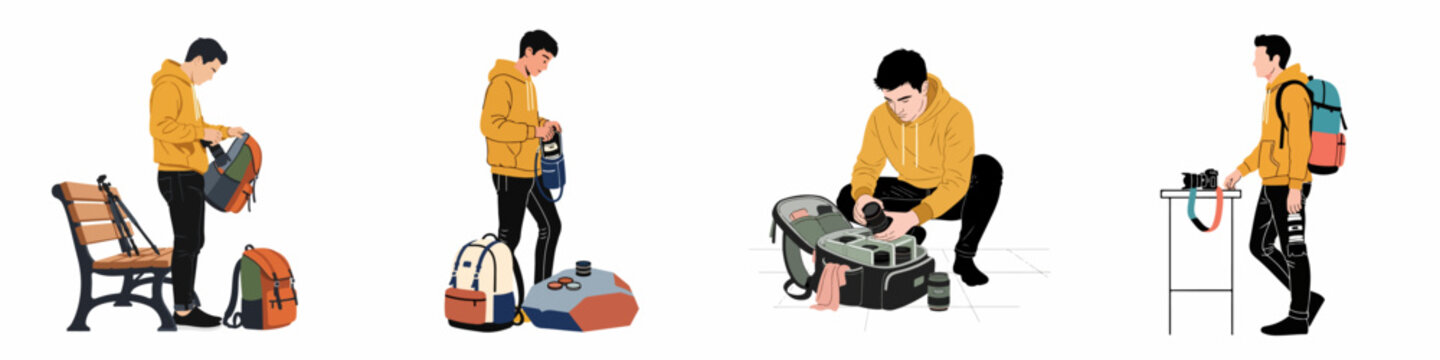 Flat vector illustration set of a young male photographer in a yellow hoodie organizing camera gear, lenses, and backpacks in different locations.