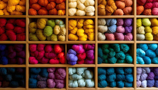 A plethora of brightly colored wool yarn balls, arranged on wooden shelves to create a dazzling rainbow, serve as inspiration for craft projects and handmade creations.