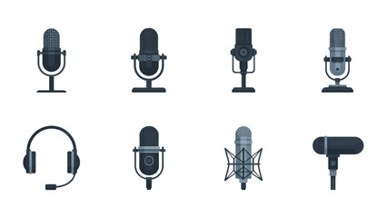 Set of eight microphone icons in minimalist black and white style Vector © Sofiqul
