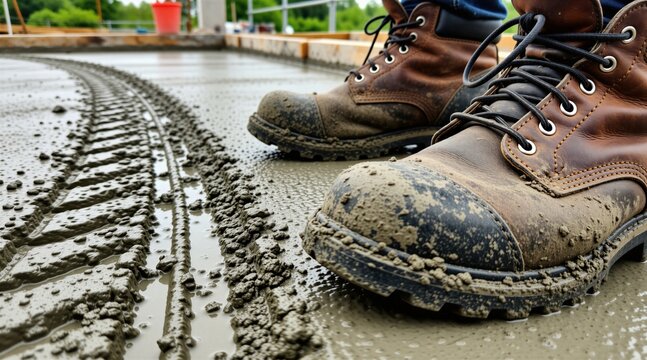 Brown leather safety boots stand on fresh concrete floor at building site. Heavy work footwear shows wear with mud spots. Tire tracks mark wet surface texture. Construction worker feet in protective