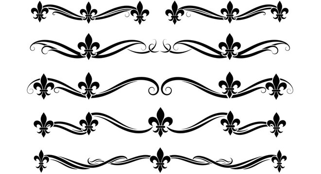 Set of black decorative flourish borders with fleur de lis symbols