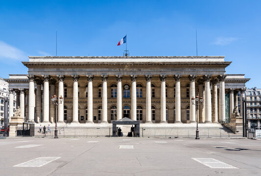 Paris, France - June 17, 2026: West side view of the Palais Brongniart, formerly Palais de la Bourse, built in 1826 to house the Paris stock exchange until 1998, and converted into an events center.