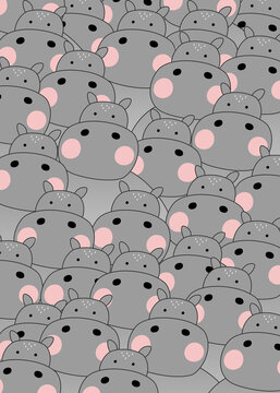A dense crowd of cute cartoon hippos forms a whimsical pattern