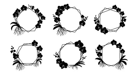 Fototapeta premium Set of black orchid floral frames with geometric borders for wedding design