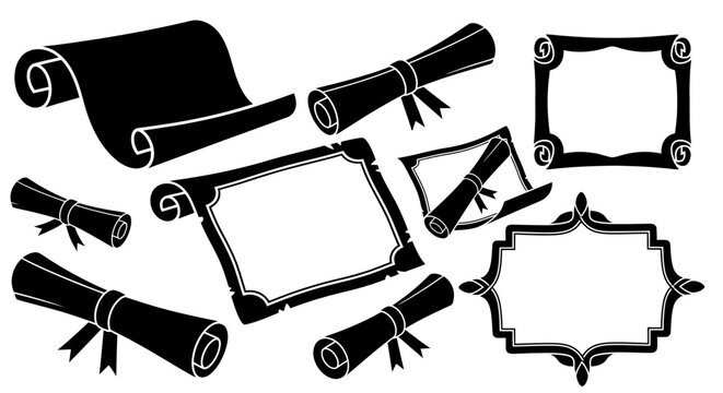 Set of black parchment scrolls and vintage decorative frames on white