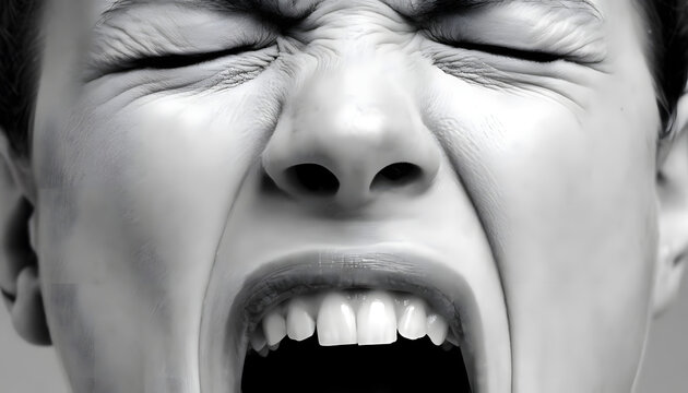 A stark close-up in black and white depicts a woman shrieking. Her eyes are tightly closed, her face twisted in suffering or agony. Her mouth is wide open, teeth visible, exposed to the full extent of