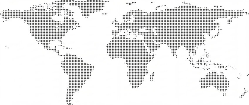 Grey dotted world map or halftone global map pattern isolated on a white background