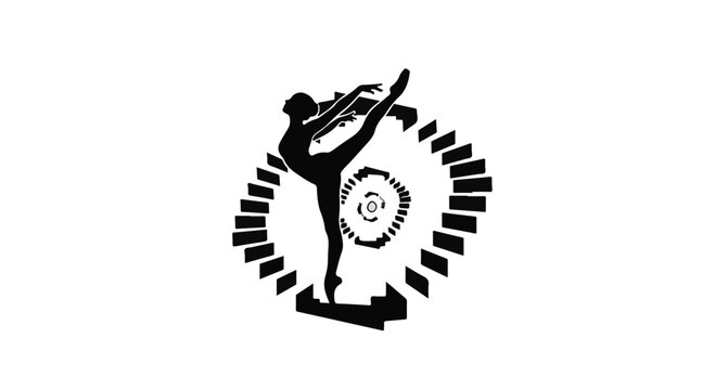 Ballerina silhouette performs a graceful dance pose in front of a circular pattern of piano keys.