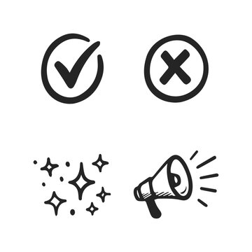 Essential Hand Drawn UI Icons Set with Check Mark, Cross, Sparkles and Megaphone