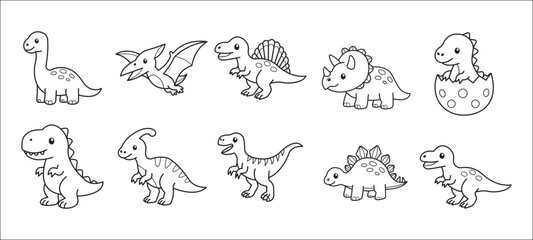 Collection of cute dinosaur coloring page illustrations featuring Tyrannosaurus, Brachiosaurus, Triceratops, Stegosaurus, Velociraptor, and hatchling, vector illustration  © Putra