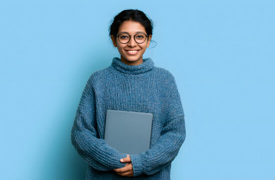 A young Indian lady wearing glasses smiles as she holds a laptop. She is dressed in a blue sweater. Looking confident, she seems prepared for both work and study. A person works on a computer, set aga