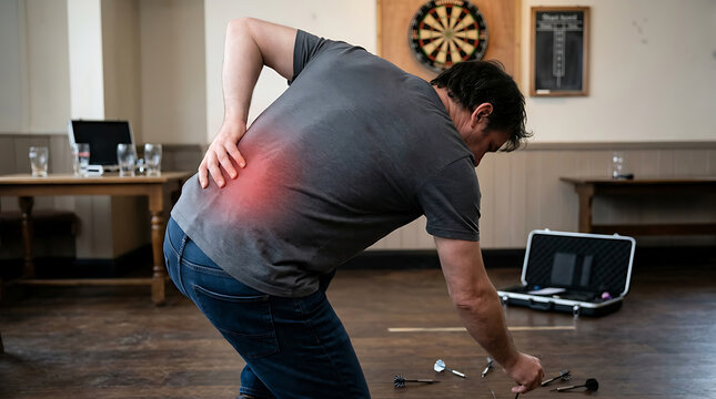 Man with back pain from bending over, lower back injury, sciatica, chronic pain management, physical therapy, chiropractic care