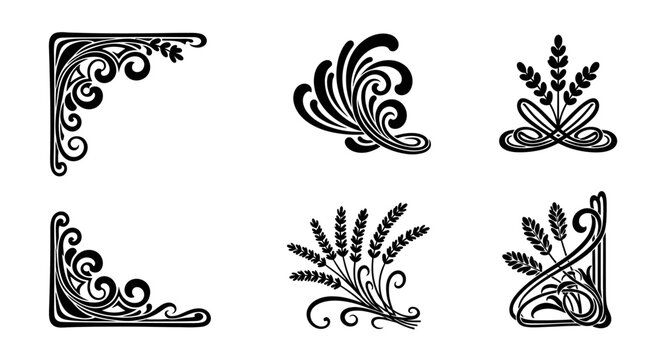 Vintage floral corner ornaments and wheat grain design elements set