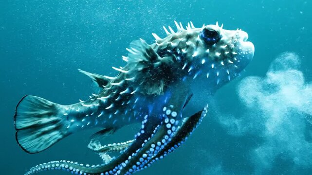 A large pufferfish swims underwater with a school of smaller fish near the ocean floor.