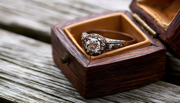 A large diamond ring with a halo design nestles in an open dark wood box. Jewelry featuring a prominent diamond is displayed on a rustic wood table in the outdoors. A proposal ring represents a commit