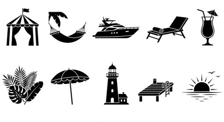 Obraz premium Black beach icons, summer vacation symbols, travel vector graphics, 10 tropical elements