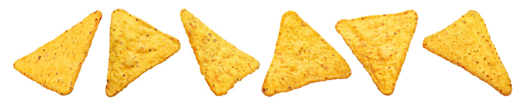 Set of delicious tortilla nacho chips, isolated on transparent cutout background