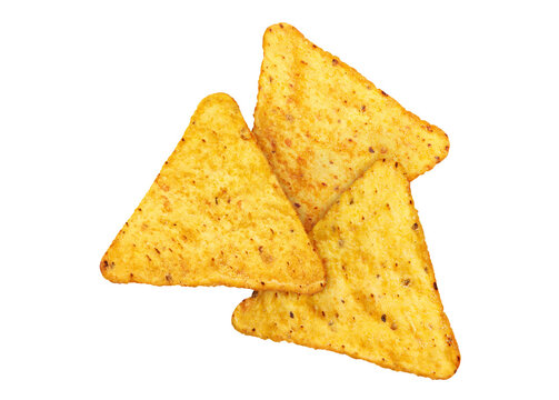 Three delicious tortilla nacho chips, isolated on transparent cutout background