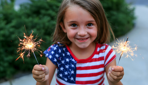 Young girl smiles, holding sparklers, with an American flag shirt. Child celebrates the holiday with fireworks and patriotic apparel. Fun kid enjoys the bright light and festive sparkler event.