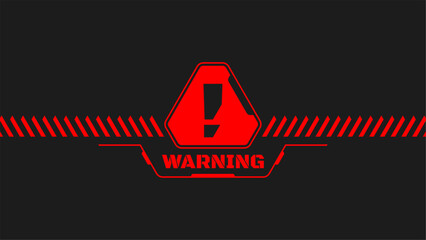 Futuristic sci-fi warning sign with exclamation mark icon and hazard stripes on dark background. Cyberpunk HUD alert interface element. © Suppachok N