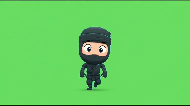 Futuristic chibi ninja character dancing on green screen