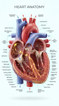 Detailed anatomical diagram of the human heart showing blood flow chambers valves and electrical conduction pathways on blue background