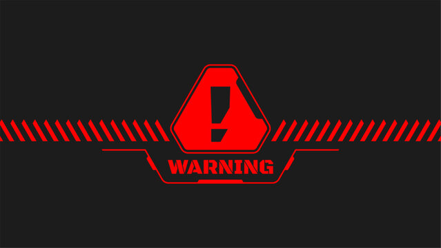 Futuristic sci-fi warning sign with exclamation mark icon and hazard stripes on dark background. Cyberpunk HUD alert interface element.