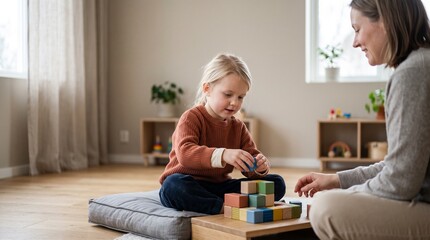 Naklejka premium Mother and daughter playing with wooden blocks at home