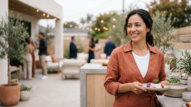 Smiling woman holding dessert plate at outdoor social gathering