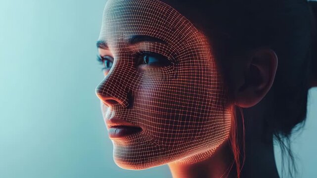 A woman with a digital mesh overlay on her face, highlighting advancements in facial recognition technology