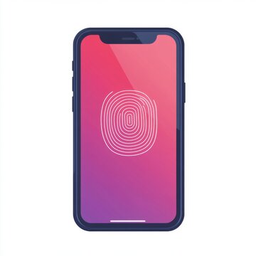 A sleek smartphone displaying a fingerprint unlock feature on a vibrant pink and purple gradient background.