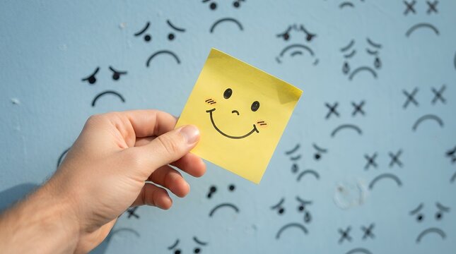 Mental health concept with happy smiley face sticky note, hand holding positive emotion over sad icons, optimism and depression contrast