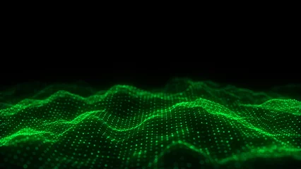 Green wave of particles and lines. Big data visualization. Abstract background with a dynamic wave. 3d rendering. © Oleksii