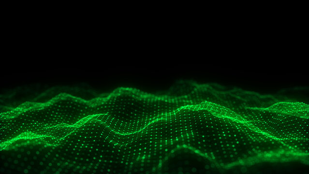 Green wave of particles and lines. Big data visualization. Abstract background with a dynamic wave. 3d rendering.