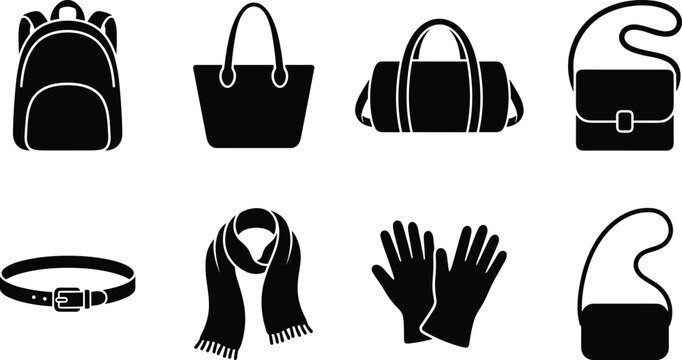 Set of black flat icons representing various fashion accessories, bags, backpacks, scarves, gloves, and belts for design