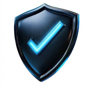 Stylized blue checkmark inside a sleek black shield, representing protection and security.