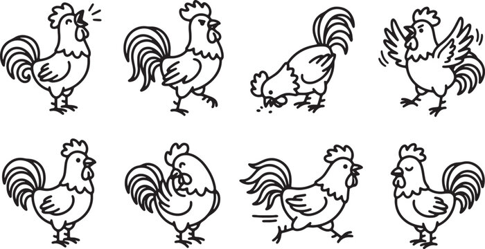 Hand drawn rooster character set, 8 black and white farm bird vector icons, rustic cockerel line art illustrations for organic food branding isolated on Transparent Background