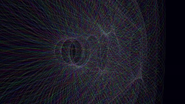 Luminous colorful geometric lines weave and rotate in an intricate spirograph pattern, creating a calming abstract motion background that seamlessly loops.