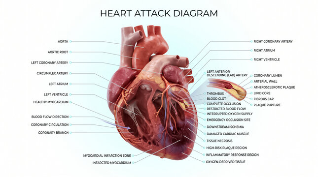Detailed medical diagram of a human heart showing a myocardial infarction with blocked arteries and damaged cardiac muscle tissue structures