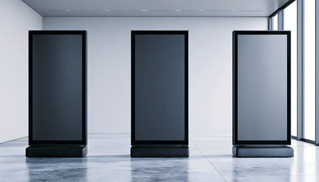 Three contemporary digital showcase units featuring empty panels. These user-friendly kiosks are strategically placed within a sleek environment. Perfect for disseminating information or guiding wayfi