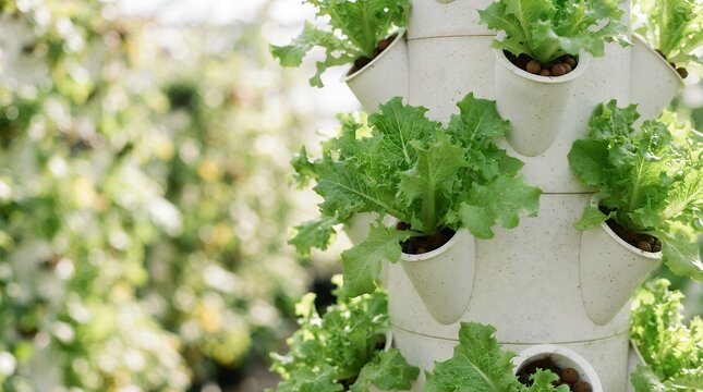 Vertical hydroponic farming system with fresh green lettuce, aeroponic tower garden in greenhouse, sustainable urban agriculture technology