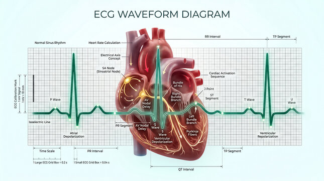 Detailed medical diagram showing human heart anatomy integrated with a standard electrocardiogram waveform signal for educational clinical research study purposes